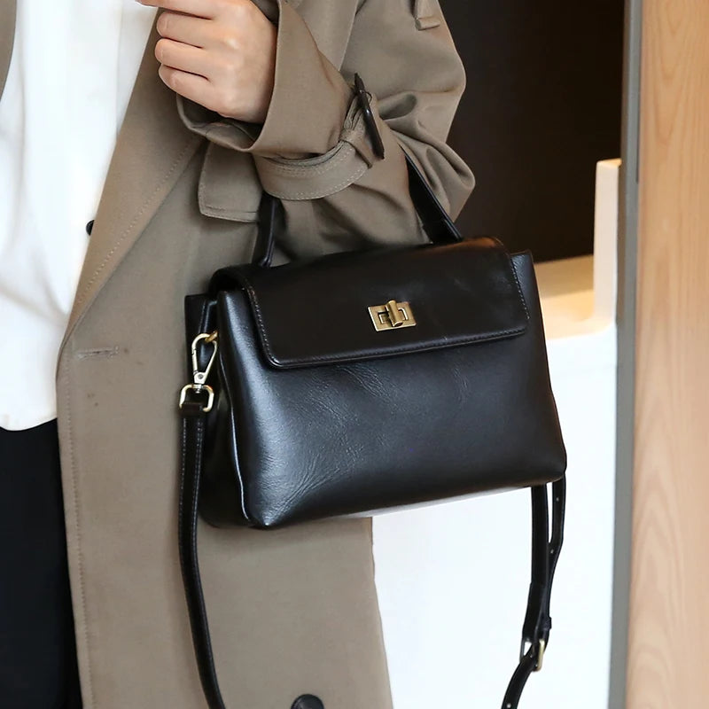 Echt lederen crossbodytas met handvat aan de bovenkant voor dames, vintage oliewasleren schoudertas, kleine luxe designer handtas