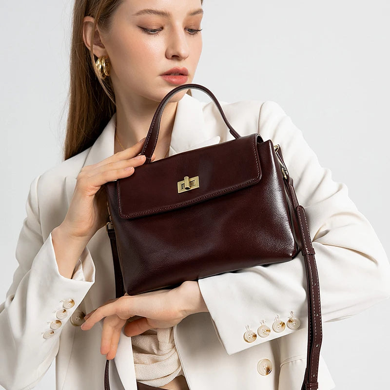 Echt lederen crossbodytas met handvat aan de bovenkant voor dames, vintage oliewasleren schoudertas, kleine luxe designer handtas