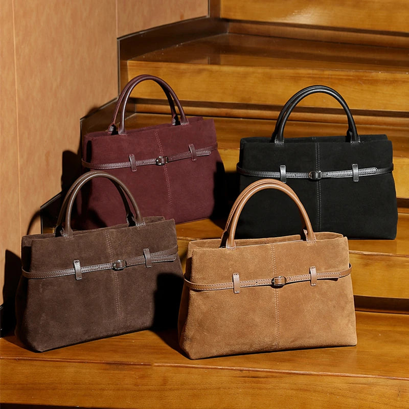 BURMINSA Grote Echte Suède Lederen Tote Bag Dames Vintage Koeienhuid Handtas met Bovenste Handgreep Werk Kantoor Pendel Luxe Schoudertas