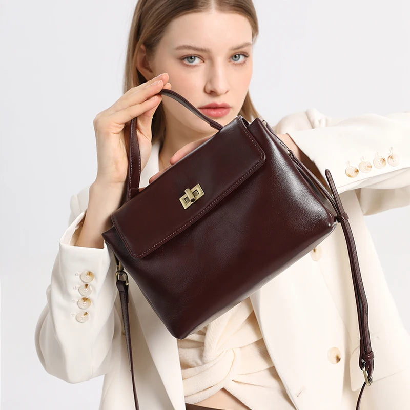 Echt lederen crossbodytas met handvat aan de bovenkant voor dames, vintage oliewasleren schoudertas, kleine luxe designer handtas
