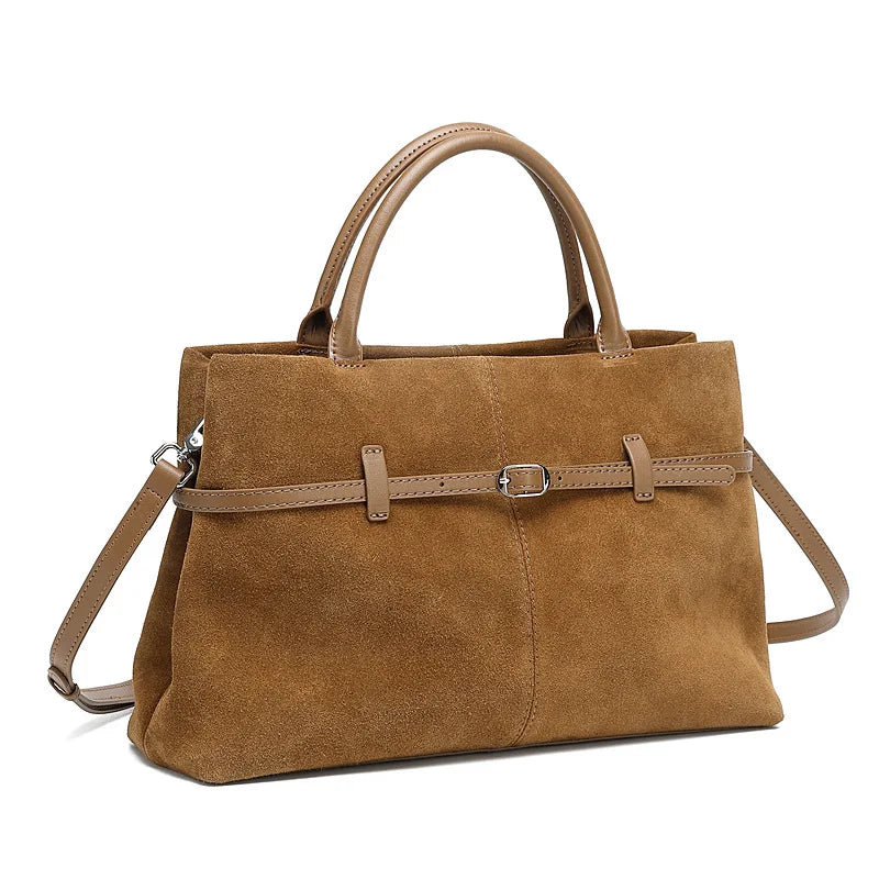 BURMINSA Grote Echte Suède Lederen Tote Bag Dames Vintage Koeienhuid Handtas met Bovenste Handgreep Werk Kantoor Pendel Luxe Schoudertas
