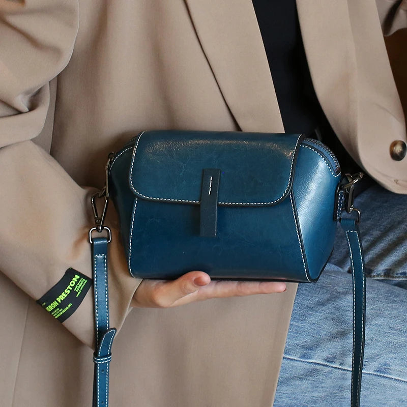 Olie-wax koeienhuid echt lederen schoudertas crossbody kleine tas voor dames, modieus, veelzijdig, shell tas, casual telefoontas