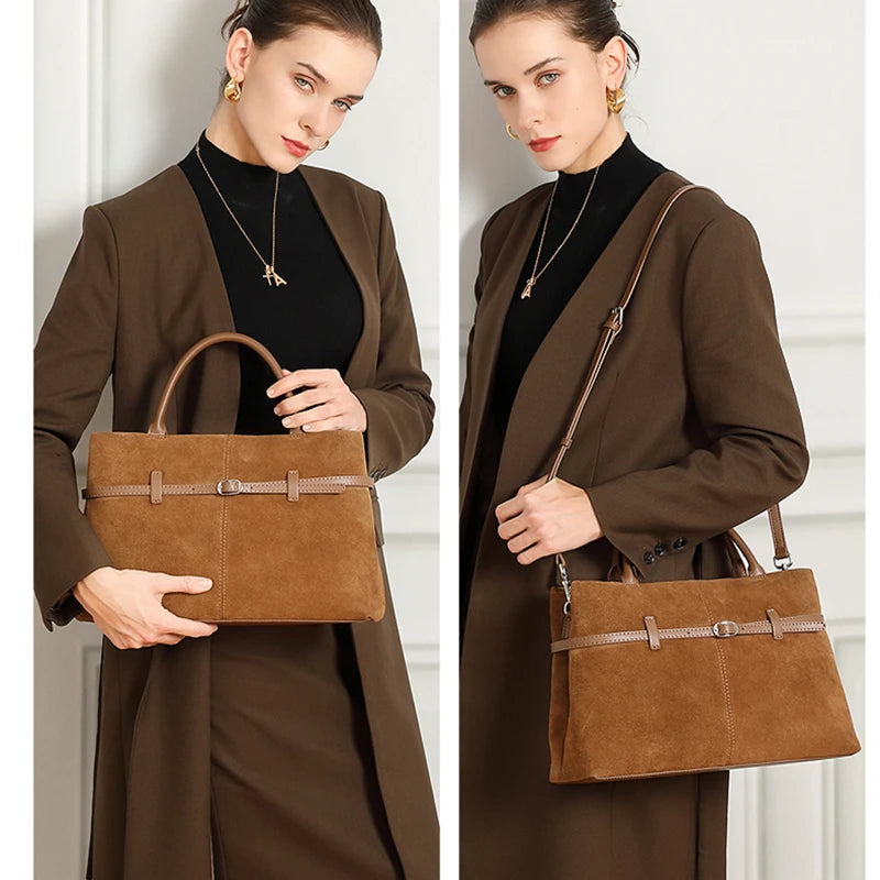 BURMINSA Grote Echte Suède Lederen Tote Bag Dames Vintage Koeienhuid Handtas met Bovenste Handgreep Werk Kantoor Pendel Luxe Schoudertas