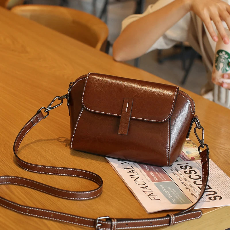 Olie-wax koeienhuid echt lederen schoudertas crossbody kleine tas voor dames, modieus, veelzijdig, shell tas, casual telefoontas