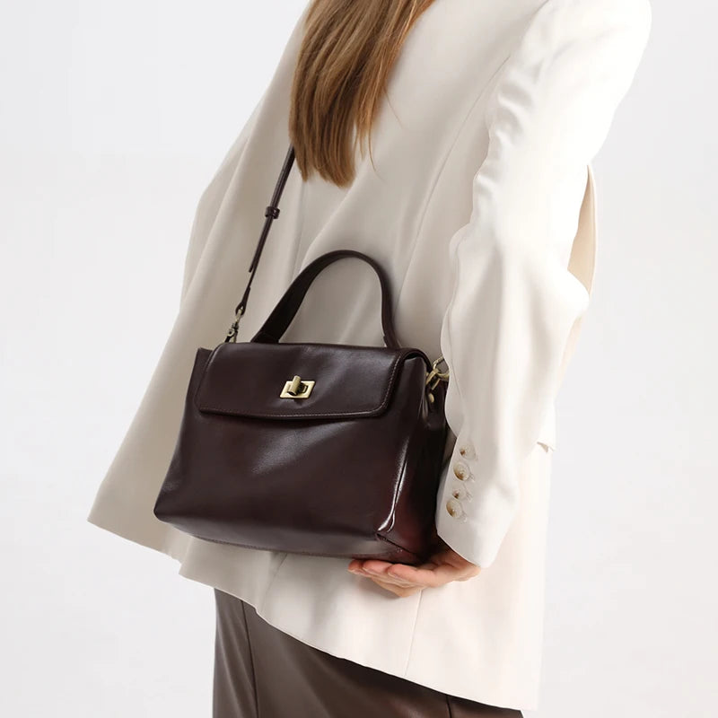 Echt lederen crossbodytas met handvat aan de bovenkant voor dames, vintage oliewasleren schoudertas, kleine luxe designer handtas