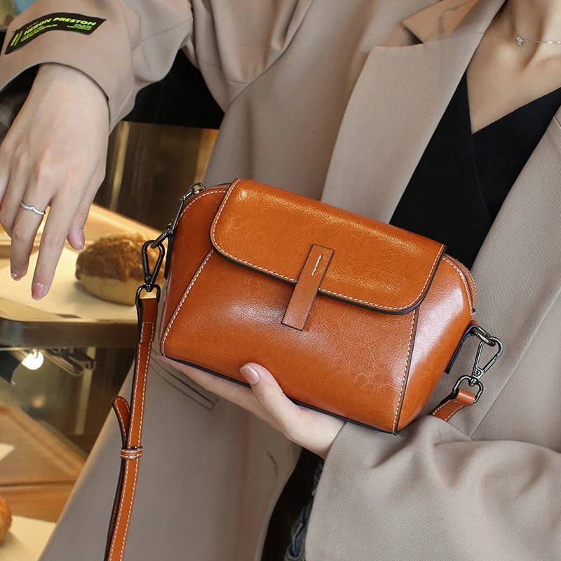 Olie-wax koeienhuid echt lederen schoudertas crossbody kleine tas voor dames, modieus, veelzijdig, shell tas, casual telefoontas