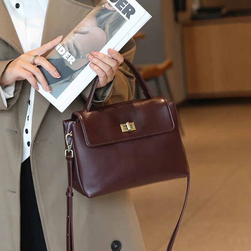 Echt lederen crossbodytas met handvat aan de bovenkant voor dames, vintage oliewasleren schoudertas, kleine luxe designer handtas