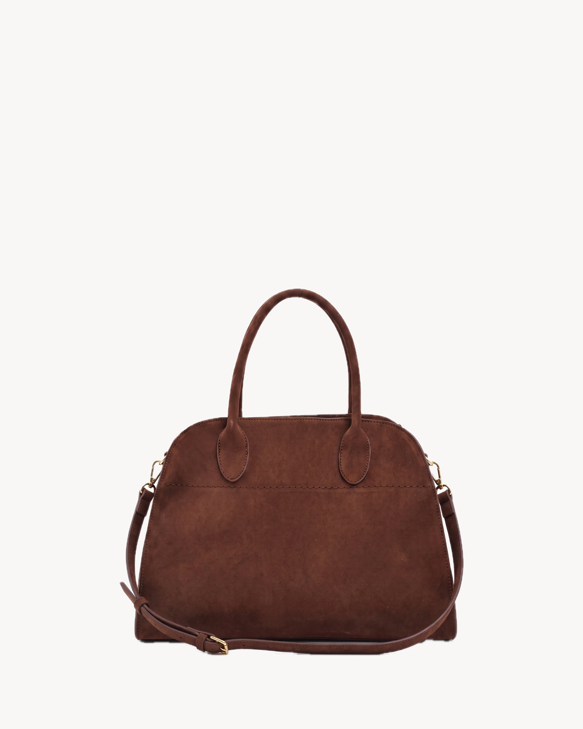 The Aurore Suede Satchel in Chocolate with detachable shoulder strap clipped to the side rings