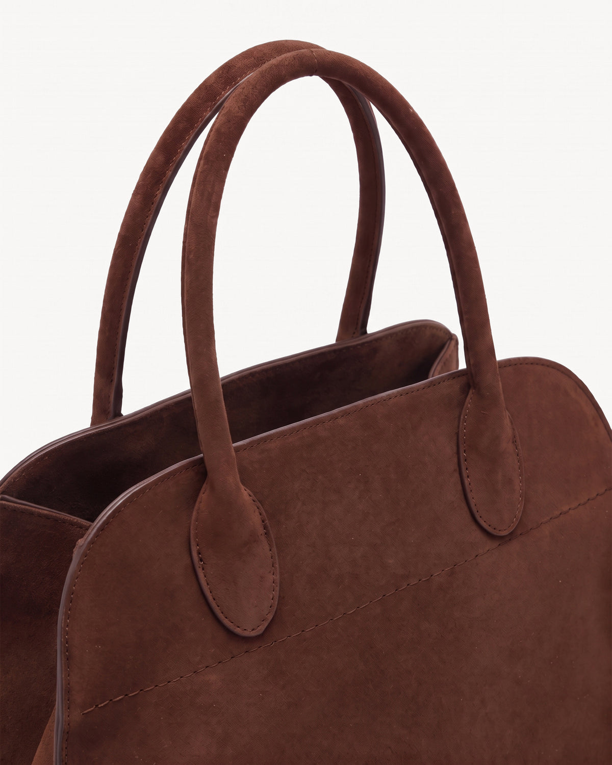 The Aurore Suede Satchel in Chocolate, rolled suede handles and open top