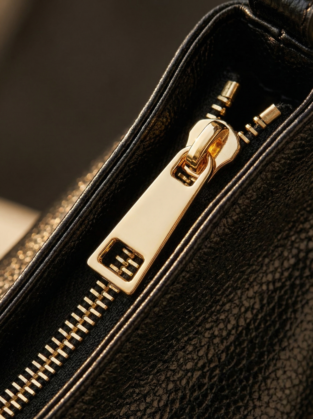 Close-up of the gold zip on The Houle Petite in Noir