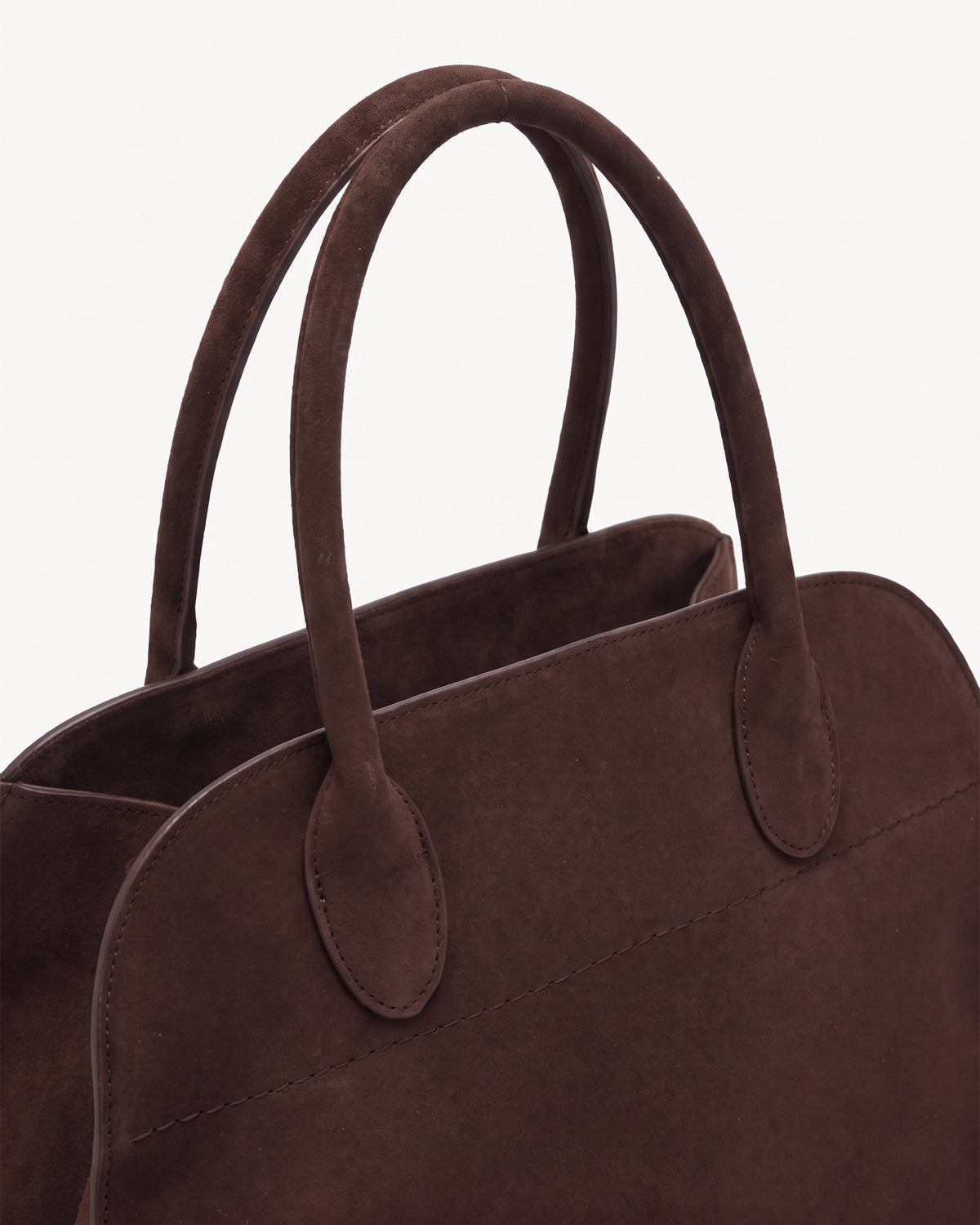 The Aurore Suede Satchel in Espresso, rolled suede handles and open top