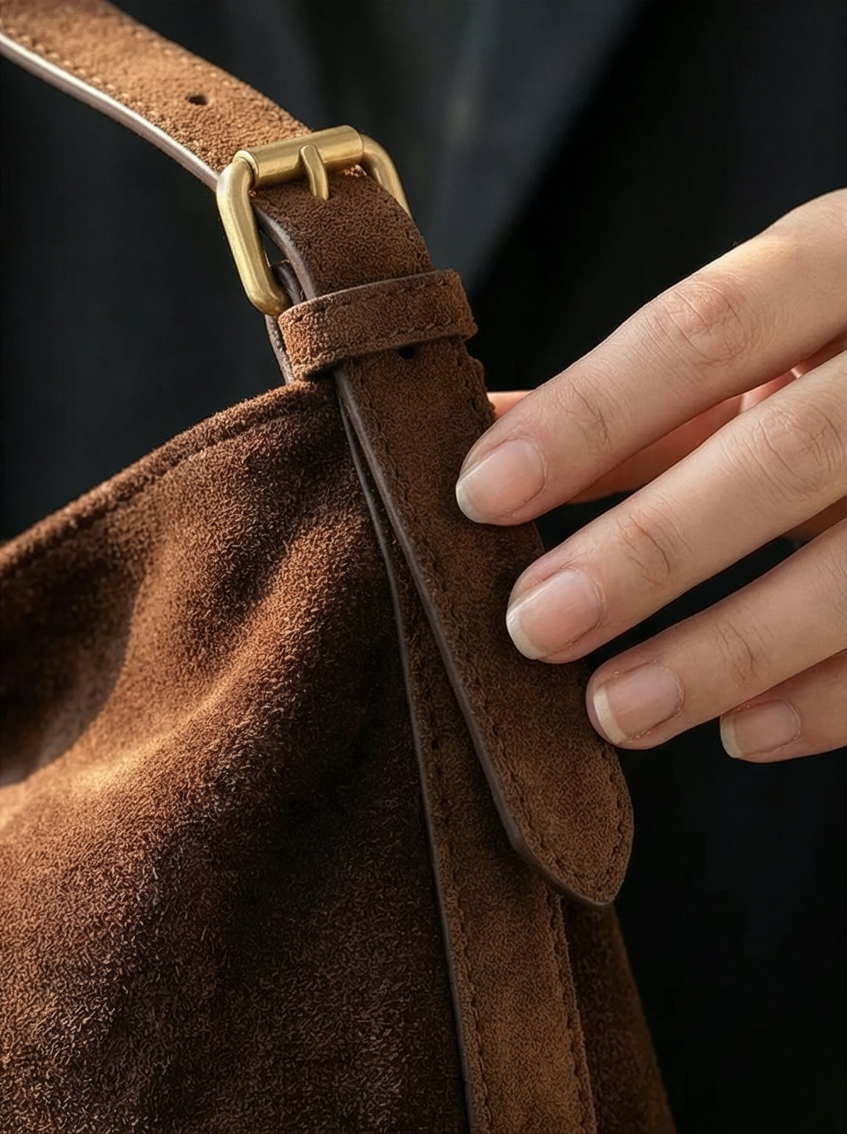 Hand on the strap and brass buckle of The Houle Petite Suede in Chocolate