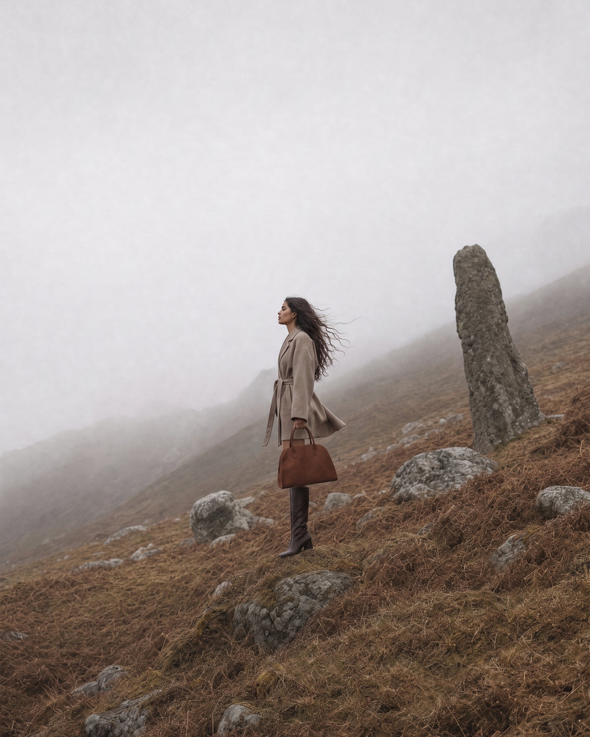 The Aurore Suede Satchel in Chocolate, styled in the hills