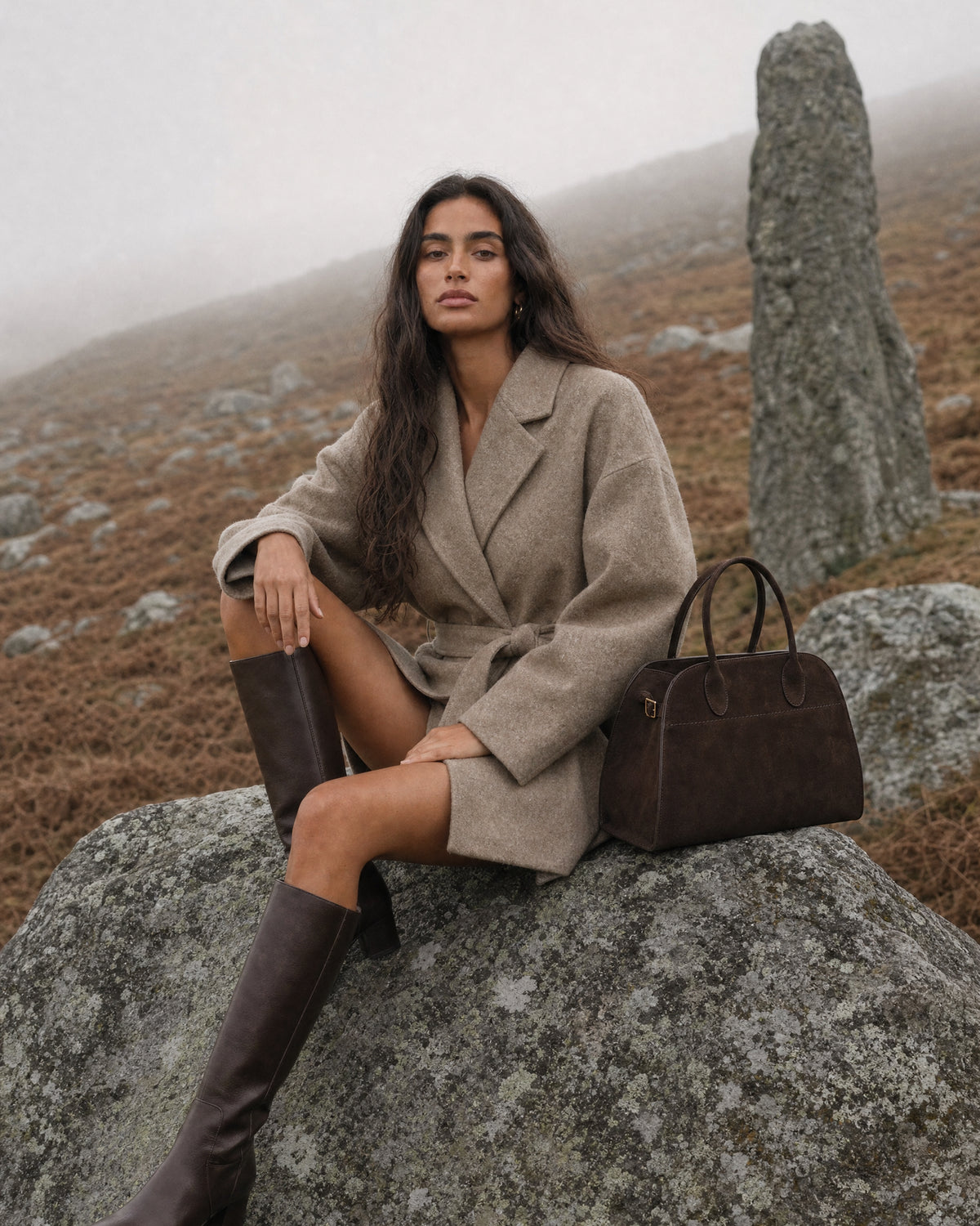 The Aurore Suede Satchel in Espresso, styled in the hills