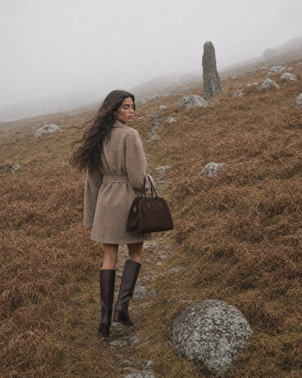 The Aurore Suede Satchel in Espresso, by the stream