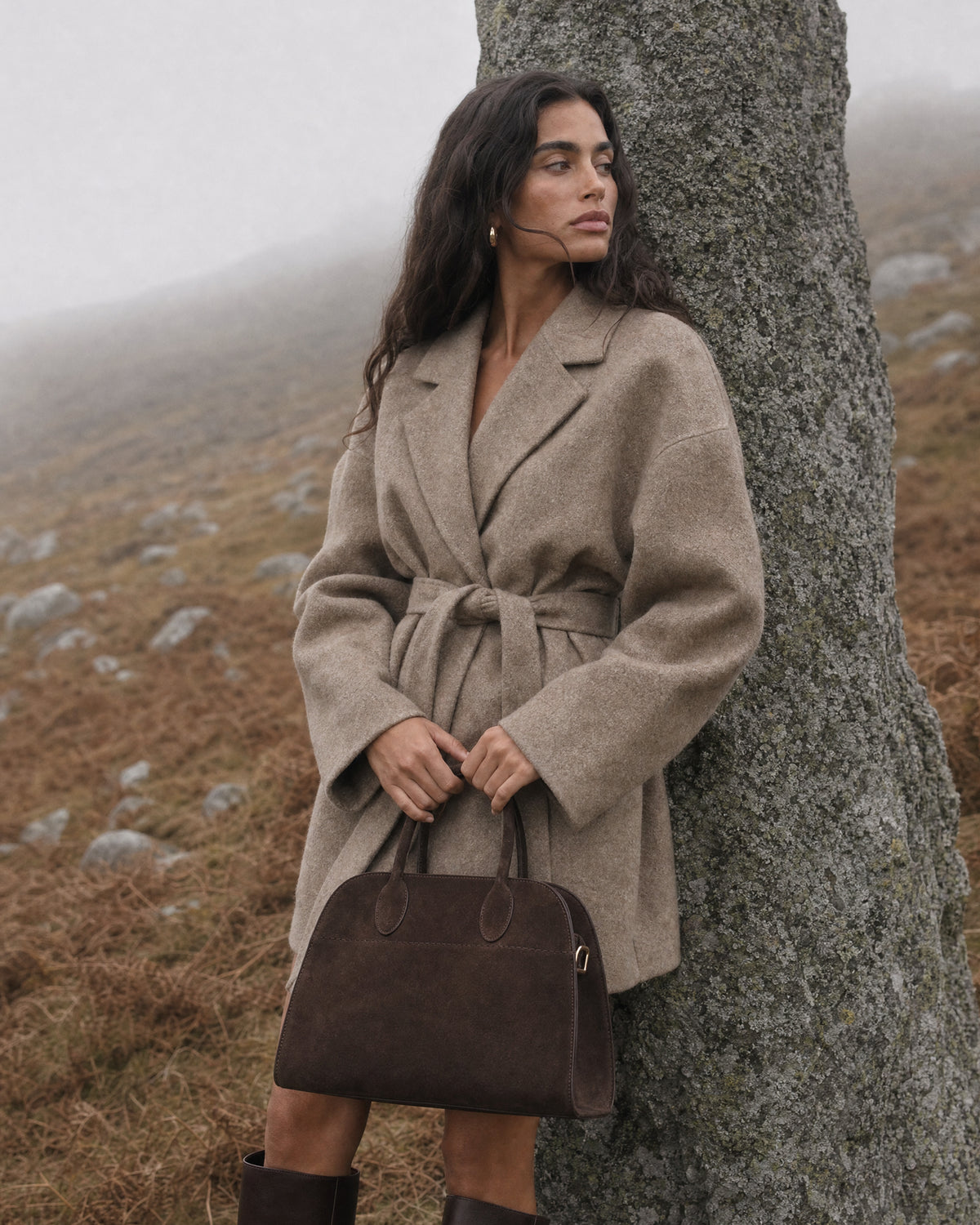 The Aurore Suede Satchel in Espresso, detail on the body
