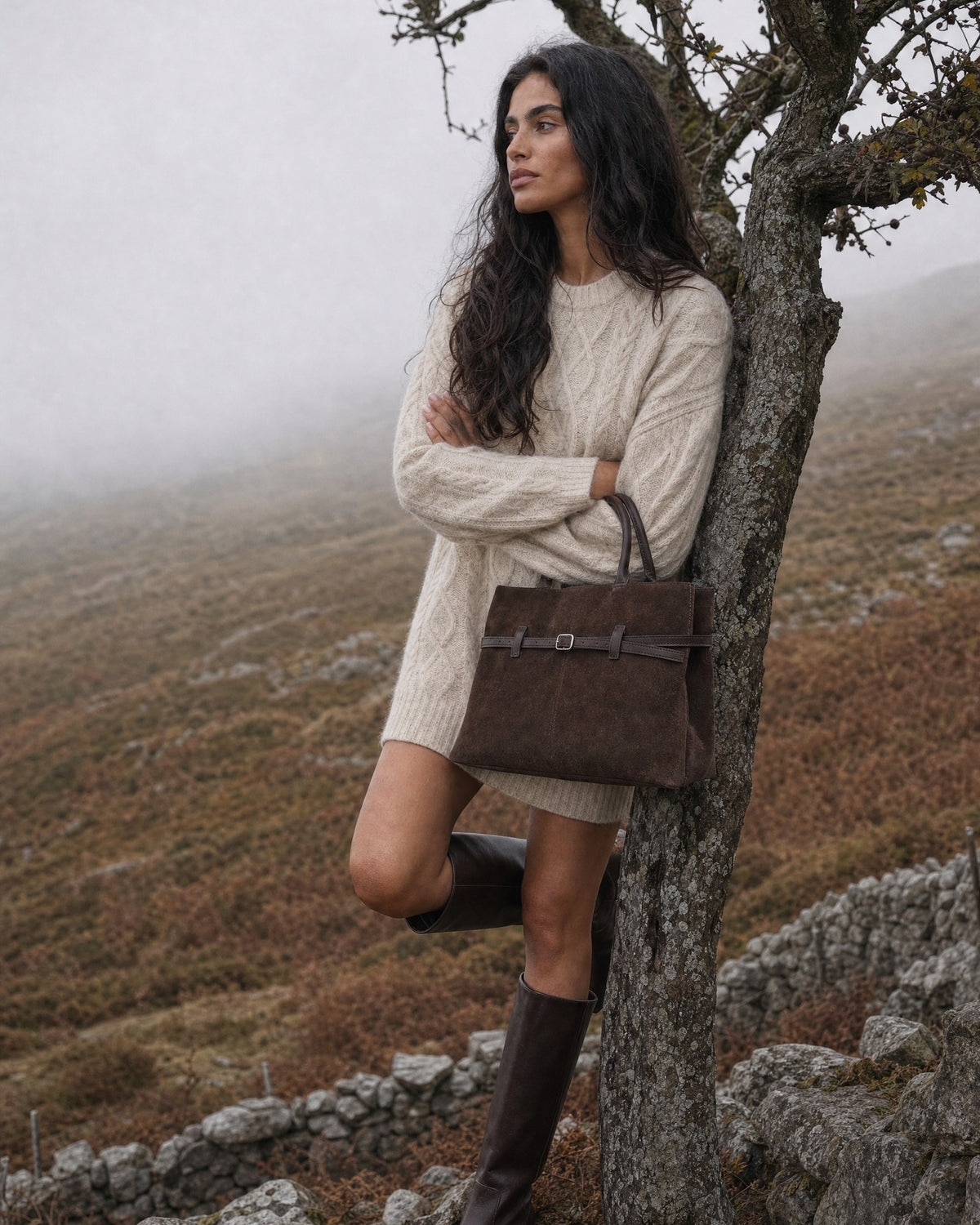 The Brume Belted Tote in Chocolate suede